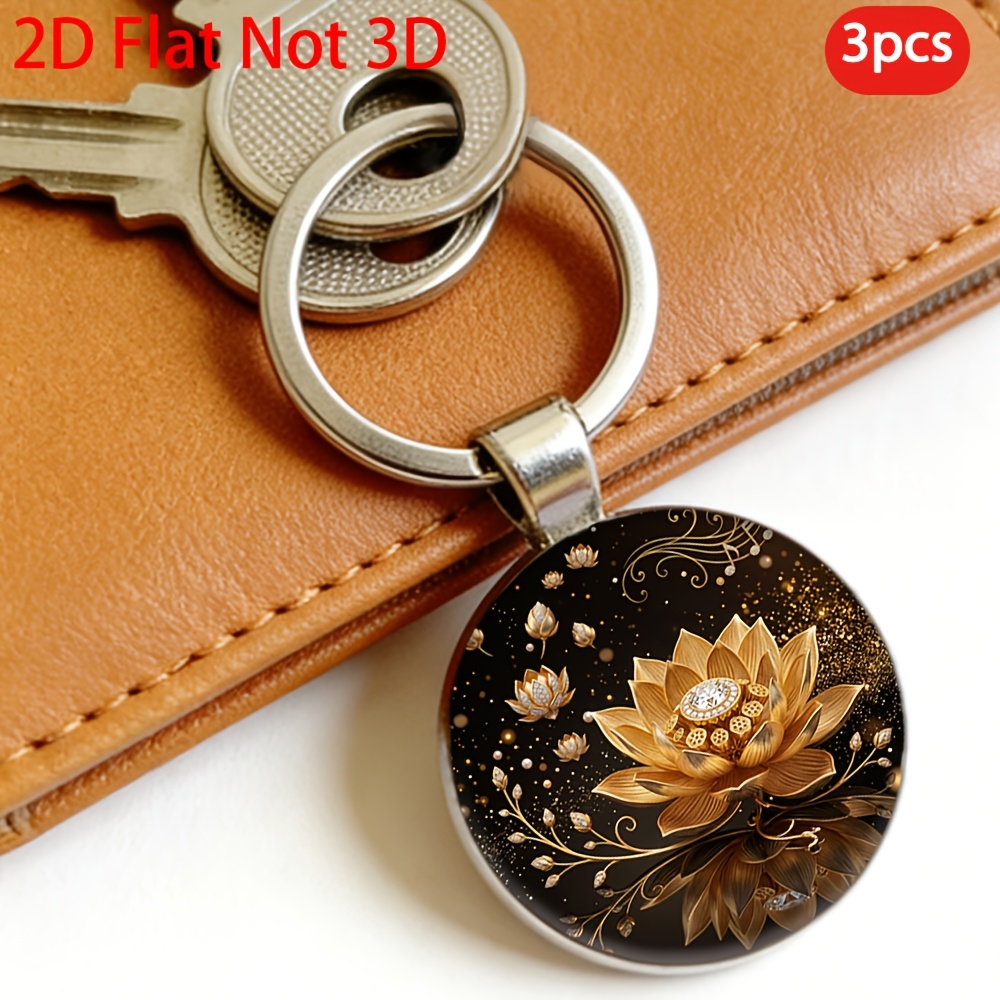 Dazzling Golden Lotus Themed Keychain, 3pcs Set